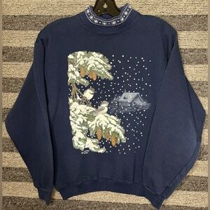 Vintage 90’s Winter Scene Navy Blue Graphic Crewneck Sweatshirt Small EUC